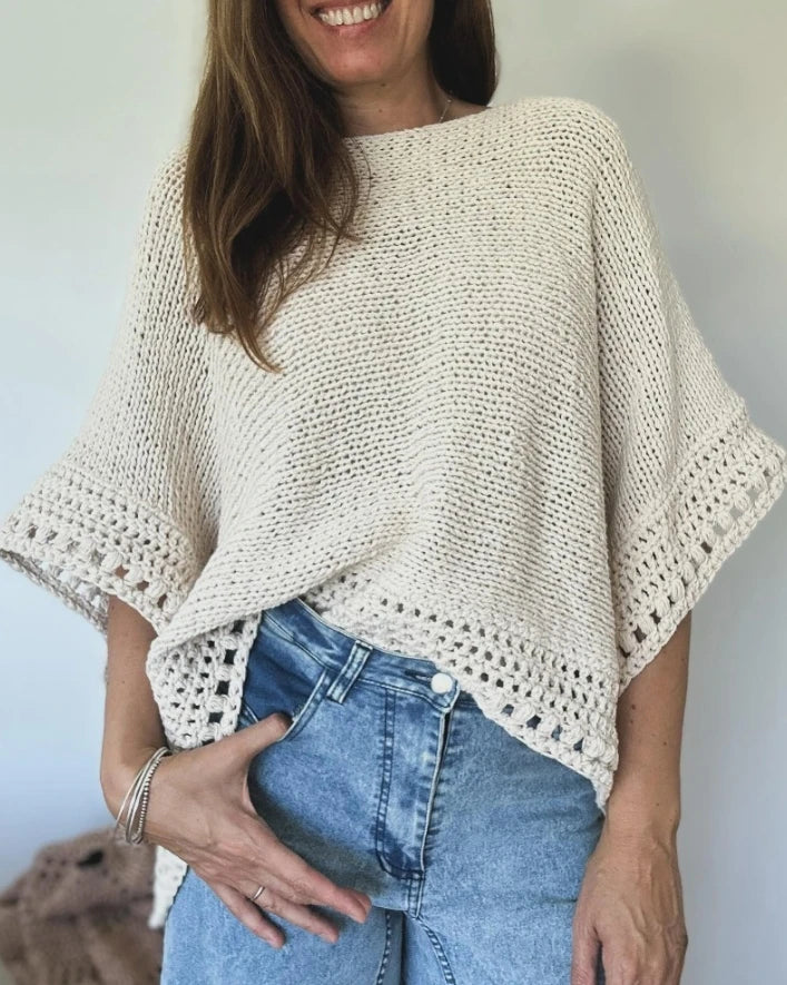 Blusa Feminina 2025 – Manga 3/4 Morcego, Padrão Vazado, Casual em Tricô