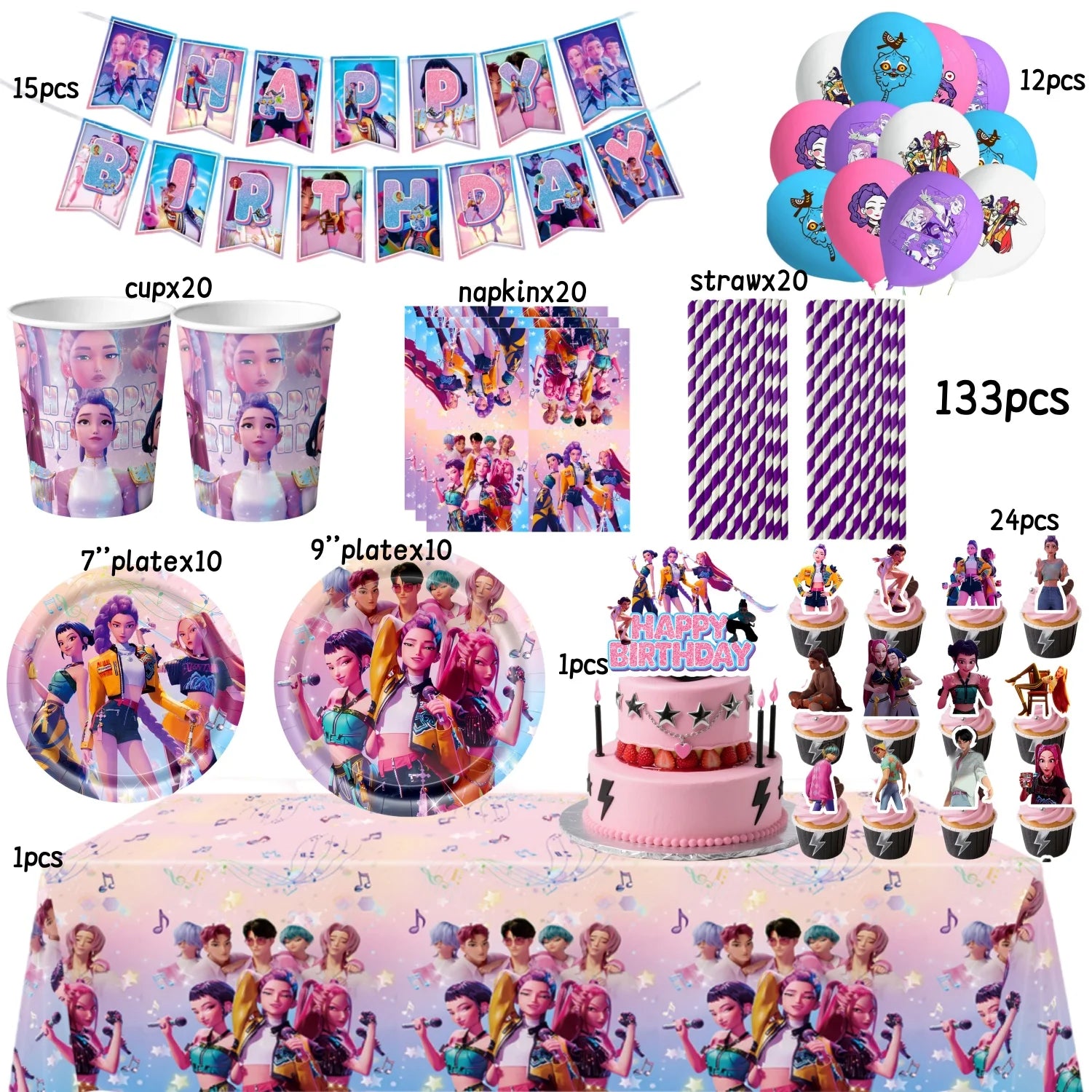 Caçador de demônios kpop decoração de festa k pop caçadores de demônios kit de pano de mesa de aniversário sacos de copo de prato caçadores de demônio kpop lembranças de festa