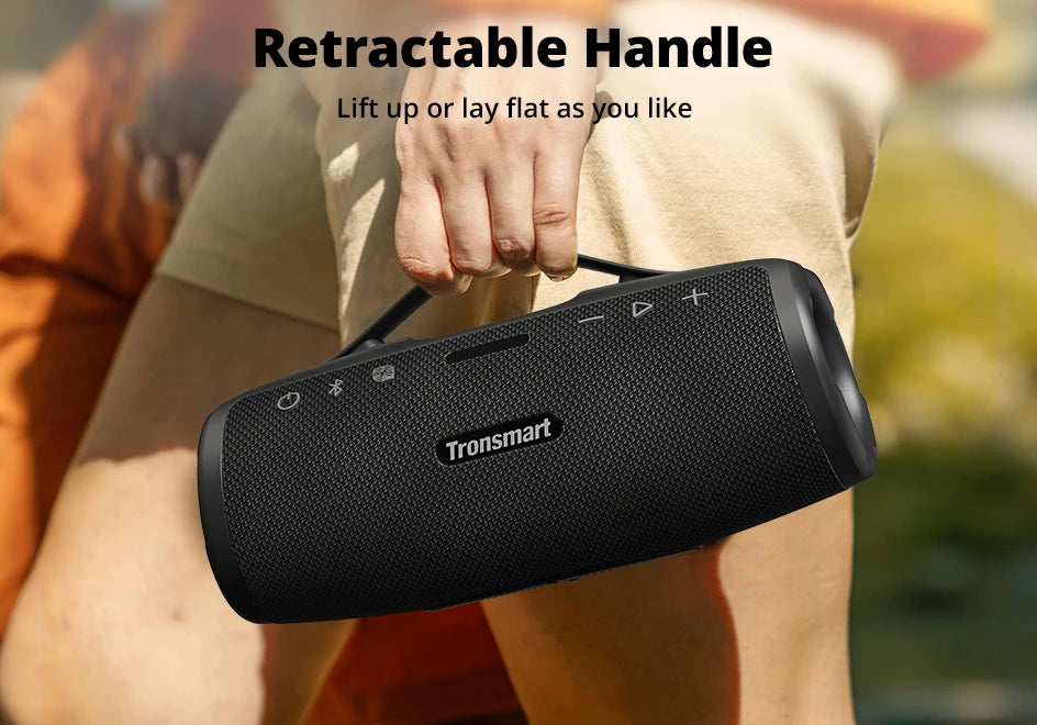 Caixa de Som Bluetooth Tronsmart Mirtune S100 – 50W, À Prova d’Água IPX7, Controle por App, Powerbank Integrado e Alça Retrátil