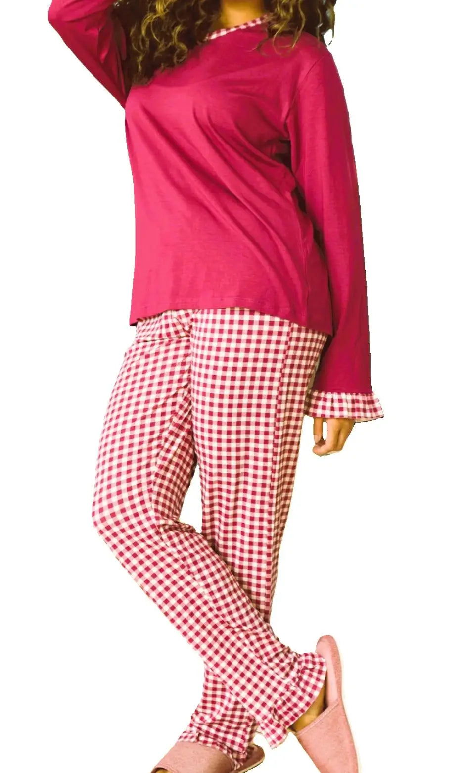 Pijama Feminino Xadrez – Punho e Tornozelo com Babados