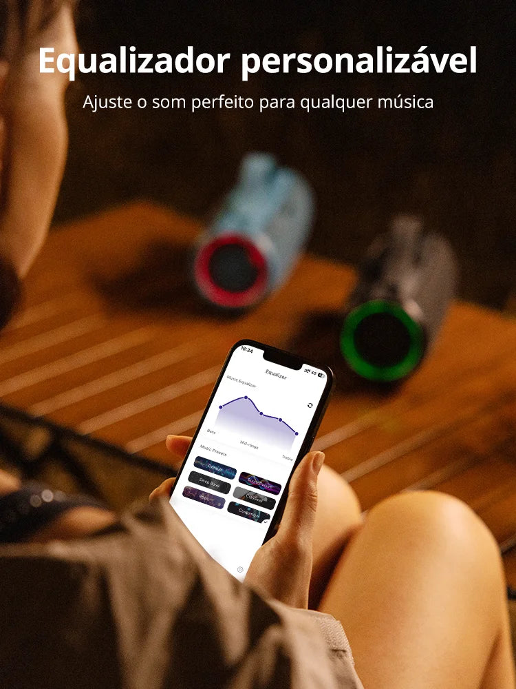 Caixa de Som Bluetooth Tronsmart Mirtune S100 – 50W, À Prova d’Água IPX7, Controle por App, Powerbank Integrado e Alça Retrátil