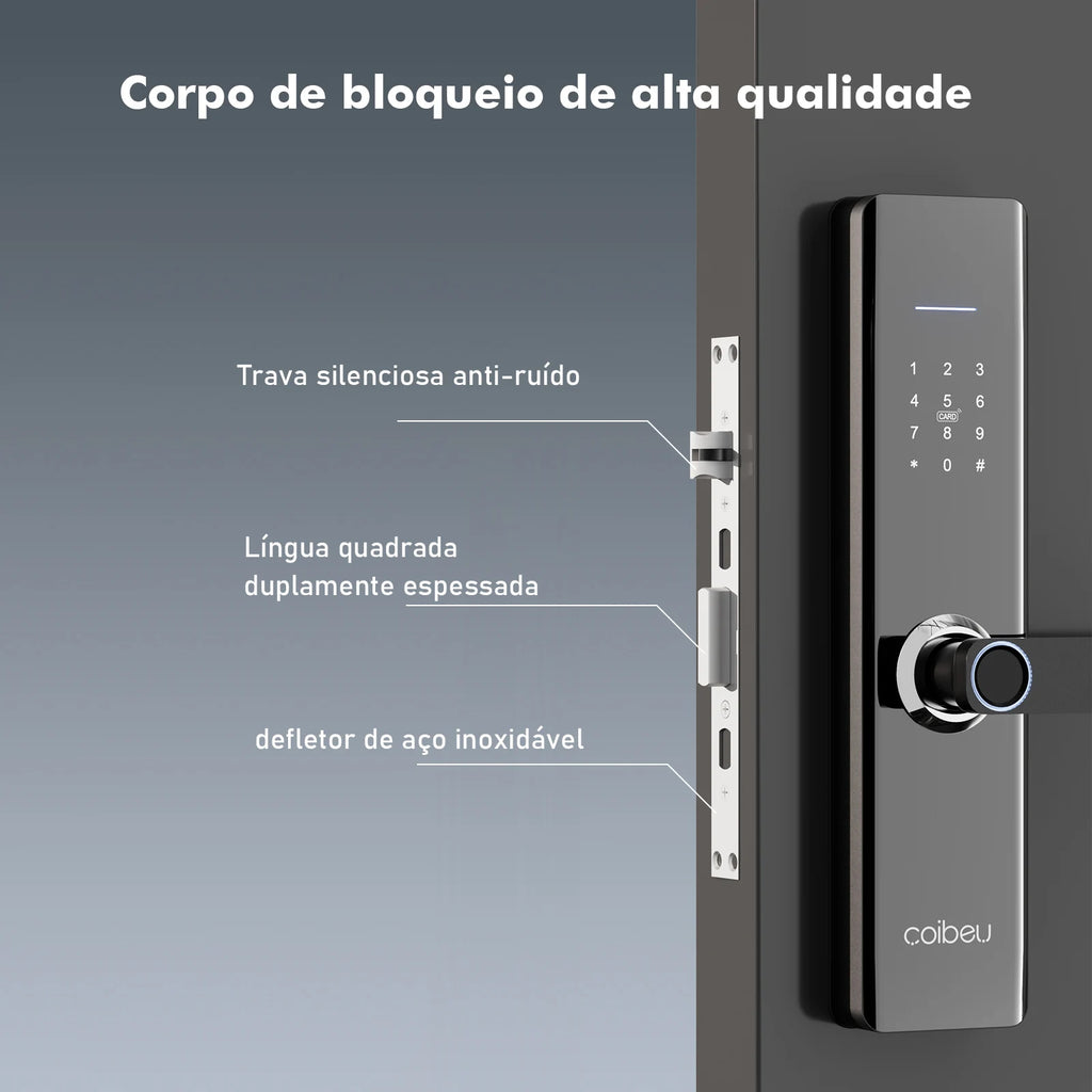 Fechadura Inteligente – Impressão Digital e Senha, Compatível com Tuya, Desbloqueio Rápido ≤1s, Eletrônica Coibeu